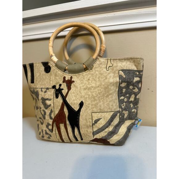 Sun N Sand Small Tote Bag - Unique Giraffe & Zebra Print, Wood Handle - Picture 2 of 10